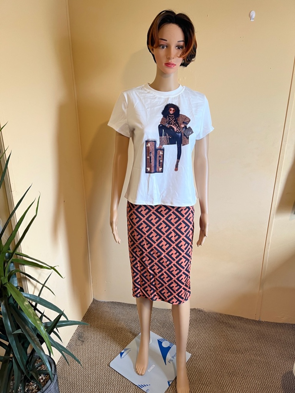 Set Fendi Orange & Black FF Logo Midi Skirt - Women